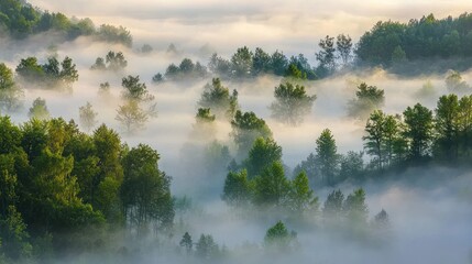 Fototapeta premium Misty sunrise over a lush green forest valley.