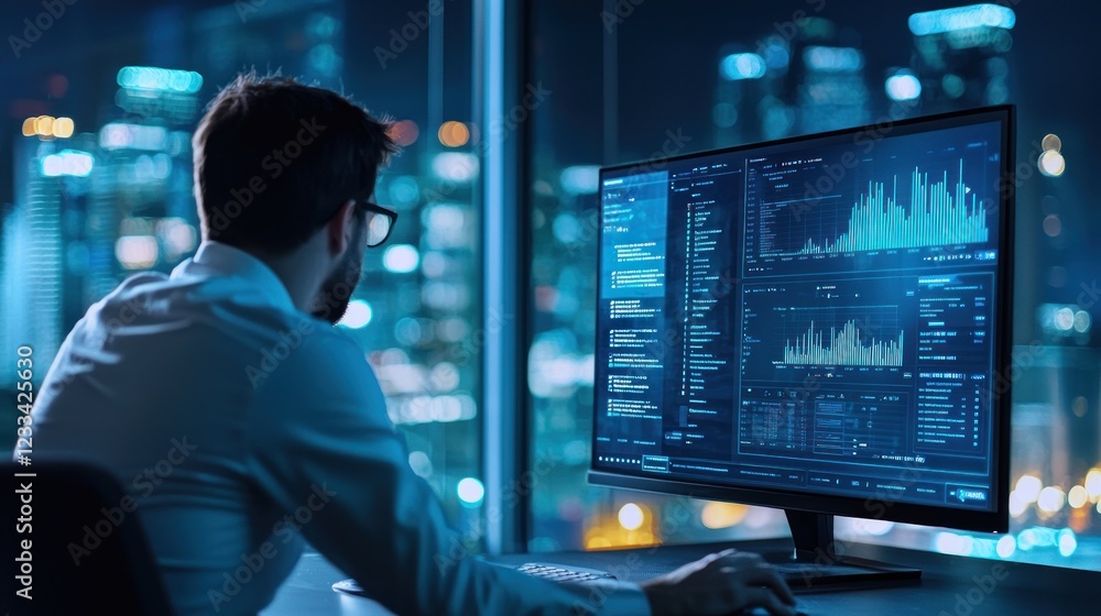Poster night city data analyst: a programmer analyzes data on a large monitor, overlooking a vibrant citysc