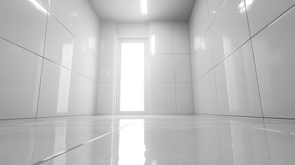 White tiled hallway with bright light and door