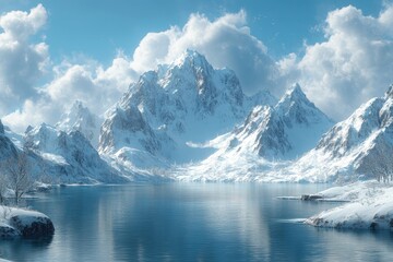 Fototapeta premium A serene winter landscape featuring snow-covered mountains and a tranquil lake.