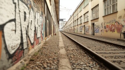 Urban railway scene with graffiti-covered walls, showcasing abandoned buildings and tracks