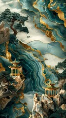 Obraz premium Blue and gold marble pavilions and trees poster background