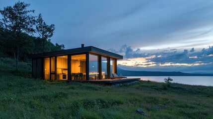 Fototapeta premium Modern cabin overlooking lake at dusk.