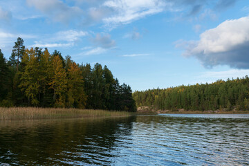 Lake Ladoga near the village Lumivaara on a sunny autumn day, Ladoga skerries, Lakhdenpokhya, Republic of Karelia, Russia