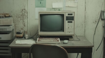 Vintage computer setup on a rustic desk with papers and an old chair in a dimly lit room