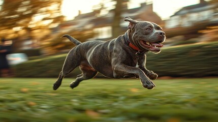 Happy dog running in park during sunset with blurred background