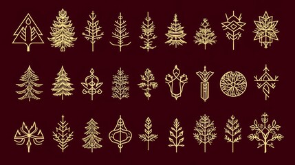 Golden Geometric Tree Icons and Symbols Collection