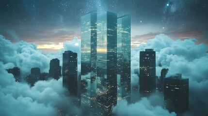 Futuristic skyscraper above clouds, city skyline, starry night, conceptual design, website banner