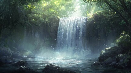 Serene waterfall cascading into a tranquil pool in a lush green forest.