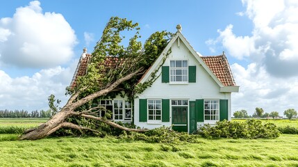 A large tree has fallen onto a small white house with green shutters, causing significant damage to the roof and landscaping, illustrating the destructive power of a storm.