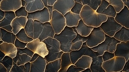 Golden Ginkgo Leaves on Dark Marble Background