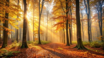 Fototapeta premium Golden light on a misty autumn forest at dawn, peaceful, serene, peaceful