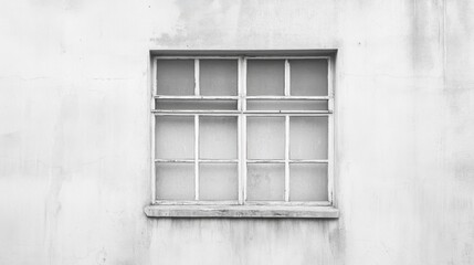 Fototapeta premium Whitewashed wall featuring a vintage window with grid patterns and fogged glass panes