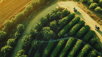 Fototapeta premium Aerial view of farm with green trees, yellow fields and agricultural machinery