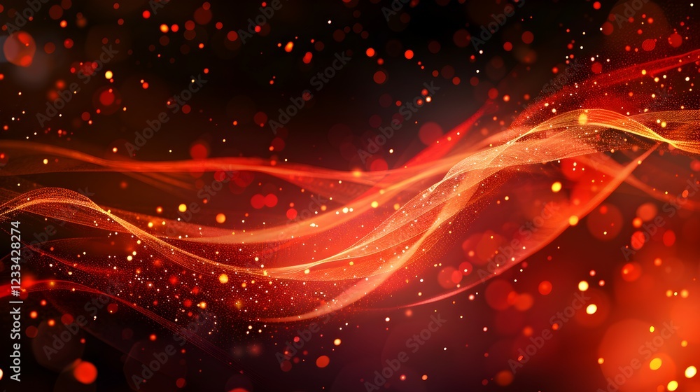 Poster abstract design featuring flowing waves and glowing particles in red and orange tones.