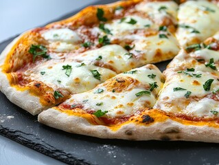 Freshly Baked Pizza with Melted Cheese and Garnished with Green Herbs on a Slate Surface