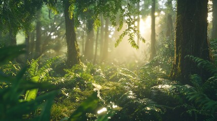 Obraz premium Sunlit misty forest scene with lush green vegetation and a small stream.