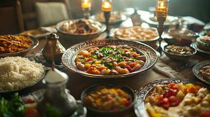 Obraz premium Traditional arabic cuisine for iftar with diverse dishes during ramadan