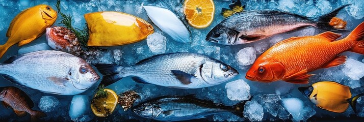 Fresh seafood display, vibrant fish market, colorful fish varieties, iced fish arrangement, raw seafood assortment, glistening fish scales, yellow and red snappers, silver sea bream, marine cuisine in