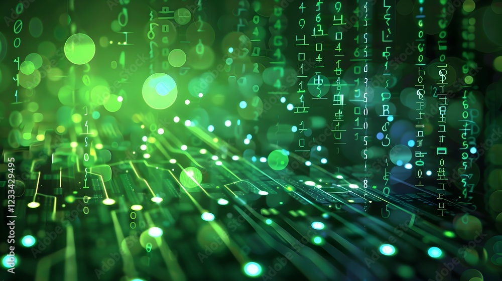 Poster abstract digital landscape with green binary code and glowing circuits.