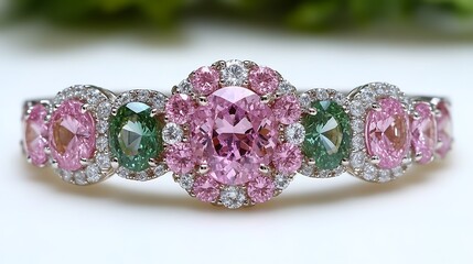 Elegant Pink And Green Gemstone Ring With Diamonds