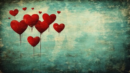 Red Heart Balloons Dripping Paint Against A Vintage Teal Background. Romantic, Grunge Aesthetic.
