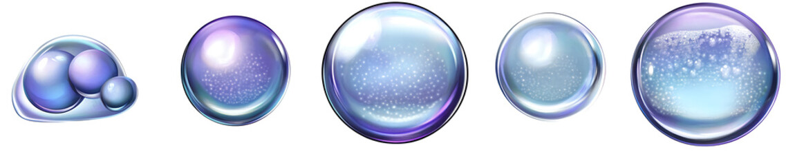 Shiny, iridescent bubbles of various shapes and sizes, against a white background, resembling clipart. 
