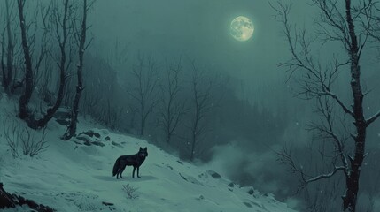 Lone wolf on snowy hill under a full moon at night.