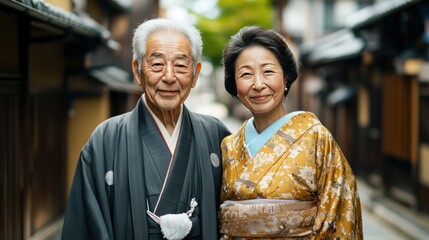 Elderly Japanese Couple in Traditional Kimono