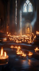 Candles illuminate a church interior