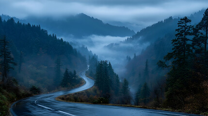 Winding mountain road in misty valley, autumn landscape, travel backdrop