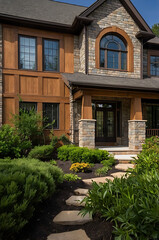 Elegant Stone and Wood House Exterior with Landscaped Garden and Walkway