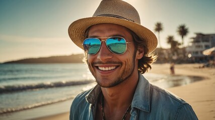 Smiling man in sunglasses and a hat enjoys a sunny beach day.