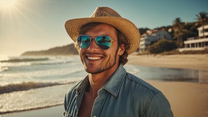 Smiling man enjoying a sunny beach day, wearing a straw hat and sunglasses.