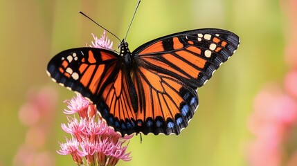 Fototapeta premium Vibrant monarch butterfly on pink flower.