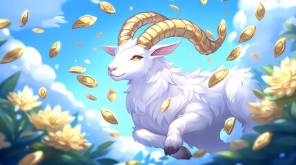 Golden Horned Ram Leaps Through Sunlit Meadow