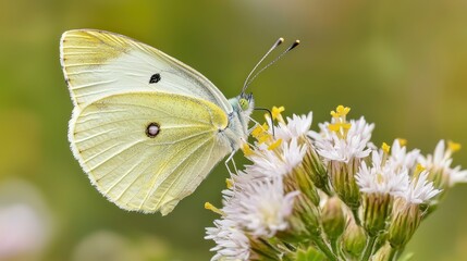 Pale yellow butterfly feeding on small white flowers.