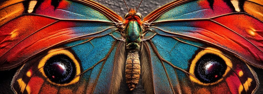 A close-up of a butterfly is wings, with intricate patterns and vibrant colors