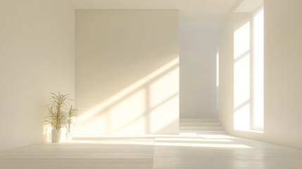 Fototapeta premium Minimalist room with sunlight and plants.
