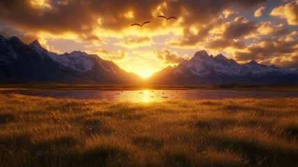 Golden Hour Sunset Over Majestic Mountain Lake