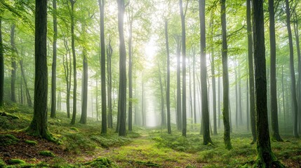 Obraz premium Sunbeams illuminate a misty green forest path.