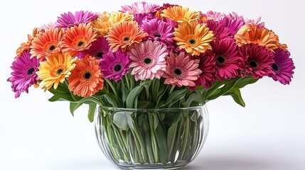 A vibrant bouquet of colorful gerbera daisies in a glass vase.