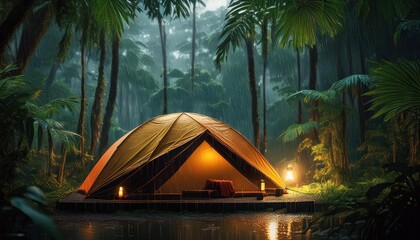 Peaceful Rainfall in a Tropical Forest, Revealing a Serene Camping Scene under the Starry Night