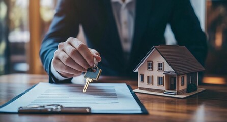 Real estate agreement concept featuring a businessperson handing over house keys with a miniature model home on a desk