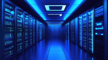 Fototapeta premium A sophisticated server room with blue-lit systems and sleek design, showcasing advanced data management and IT infrastructure. Ideal for technology and innovation themes