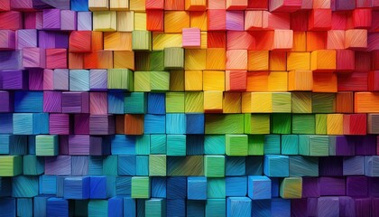 Vibrant Rainbow Colored Wooden Blocks Arrangement on Canvas Textured Background, showcasing an Abstract and Stylish Artistic Approach for Modern Home Decor or Graphic Design