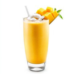 A refreshing mango coconut smoothie in a tall glass, isolated white background, minimalistic art style