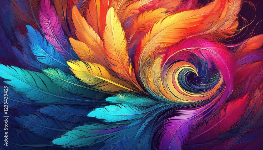 Poster vivid rainbow feather swirl art created with generative ai technology an abstract exploration of col