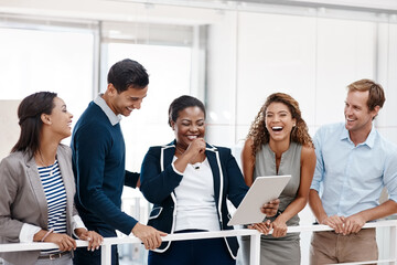 Happy, laughing or business people with tablet for creative project, meme or comedy for humor....