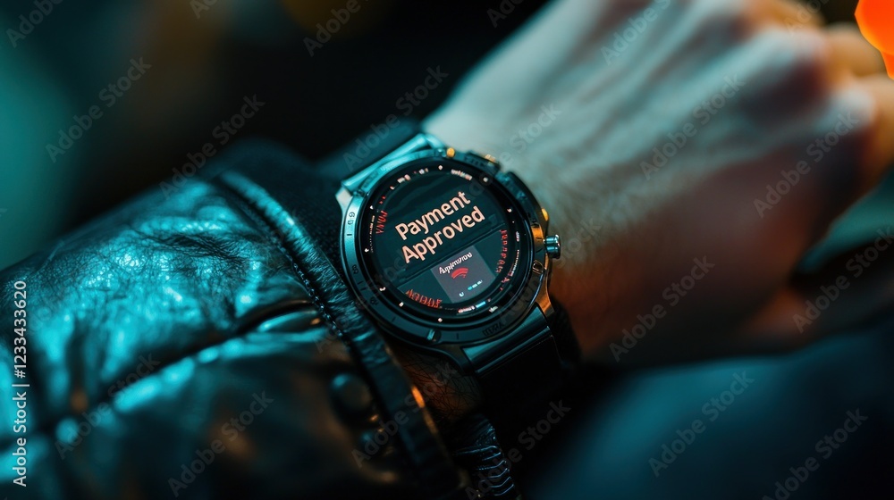 Poster man wearing smartwatch with payment approved notification in dark setting